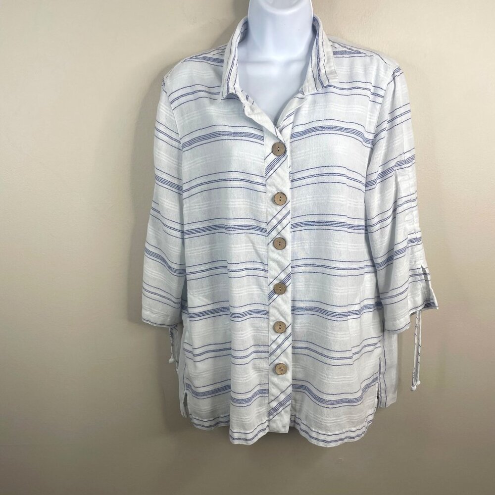 John Mark Coastal Beachy Gauze Tunic Top Medium Button Up Vacation Travel Cruise